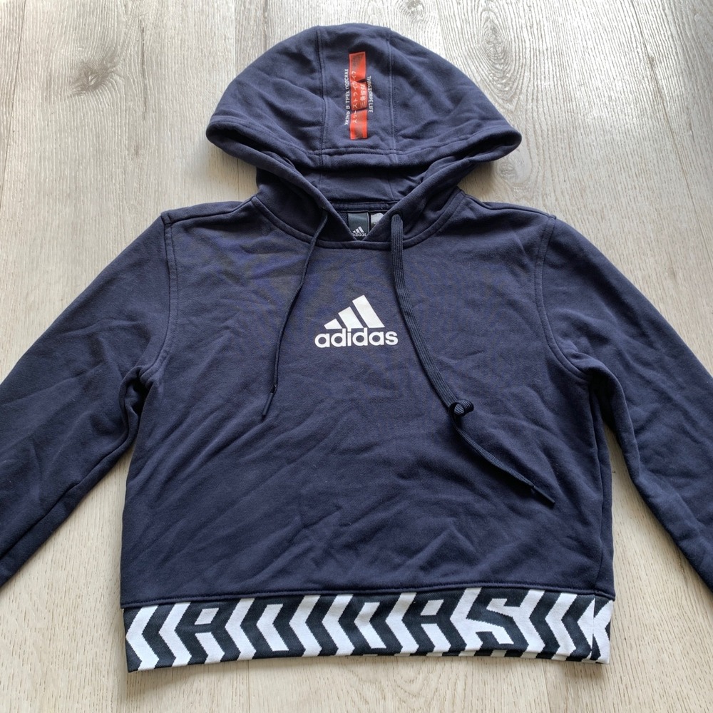 Adidas Originals Women's Cropped Hoodie Navy Blue White Chevron Hem Size S